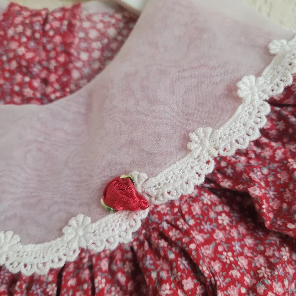 Vintage Sarah Kent 4T Red Floral Puff Sleeve Dress Lace Collared Bow Cottagecore